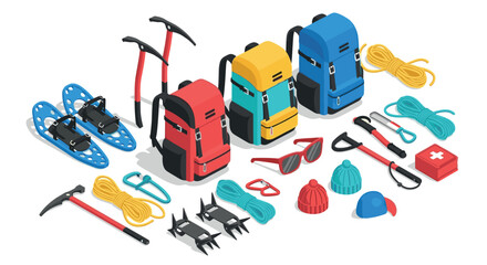 Outdoor adventure gear isometric design with backpacks and climbing tools