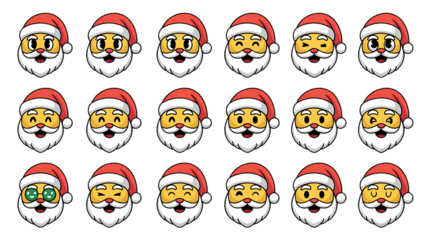Festive Santa Claus faces with joyful expressions, perfect for holiday greetings, seasonal promotions, and merry Christmas designs, creating a cheerful, whimsical mood