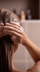 Naklejka premium Woman massaging nourishing hair mask into wet scalp and strands with foam bubbles. Home haircare treatment routine for deep conditioning, repair and scalp health in bathroom setting.