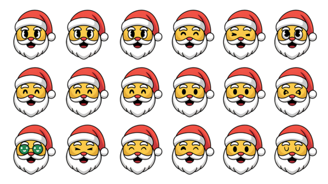 Festive Santa Claus faces with joyful expressions, perfect for holiday greetings, seasonal promotions, and merry Christmas designs, creating a cheerful, whimsical mood