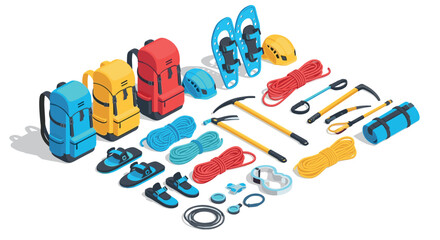Essential equipment for outdoor adventures backpacking, climbing, and more in isometric view