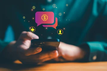 Fototapeten Pony Person using a smartphone with glowing chat bubbles and money icons represents mobile banking, digital payments, financial chatbot assistance, online transactions, and modern fintech communication.  © ParinPIX