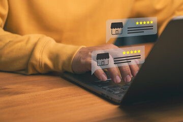 Person using laptop with store review bubbles and five star ratings represents online feedback, customer experience, business reputation management, e-commerce evaluation, and digital service quality.