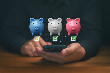 Person using a smartphone with piggy bank icons and check marks, symbolizing smart saving, financial planning, budget management, and digital money organization through modern mobile finance tools.
