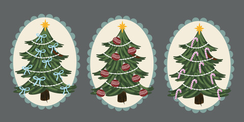 Christmas tree sticker set with detailed ornaments, bows, candy canes and gingerbread decorations. High-quality vector ideal for stickers, cards, print-on-demand, packaging and holiday branding.
