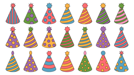 Vibrant array of playful party hats perfect for birthday celebrations, festive events, and joyous occasions, adding a pop of color and fun to any event invitation design