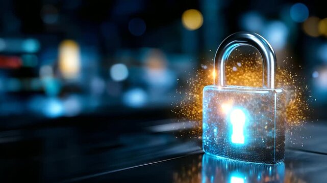 Blue digital padlock with glowing elements, defocused tech background, cybersecurity concept, data protection technology, access control visualization, network security system, wit
