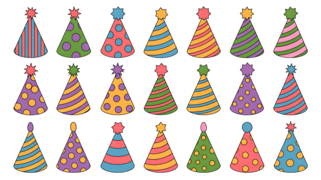 Vibrant array of playful party hats perfect for birthday celebrations, festive events, and joyous occasions, adding a pop of color and fun to any event invitation design