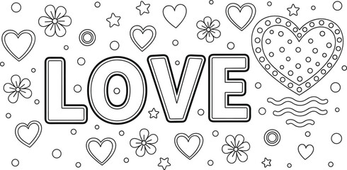 Outline illustration of the word LOVE with decorative hearts flowers stars and circles