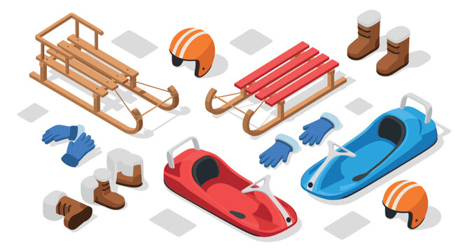 Isometric winter sports equipment sleds, bobsleds, helmets, gloves, boots