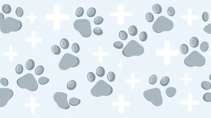 Grey animal footprints and white medical crosses on light blue background. This design represents pet healthcare and veterinary services. Ideal for clinic wallpapers or brochures.