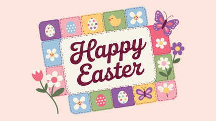 Charming easter greeting card with colorful patches and festive icons