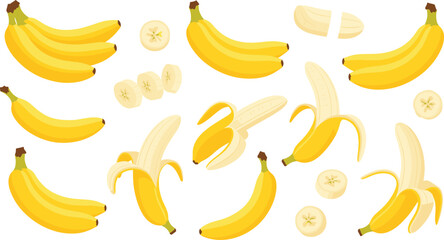 Cartoon Banana Assortment with Whole, Peeled and Sliced Bananas Colorful Flat Vector Illustration Set