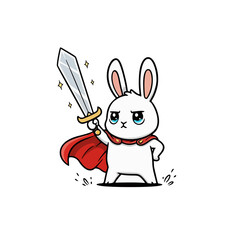 A determined cartoon white rabbit hero, wearing a vibrant red cape, stands with a shining sword, ready for an imaginative adventure, symbolizing courage and a whimsical spirit