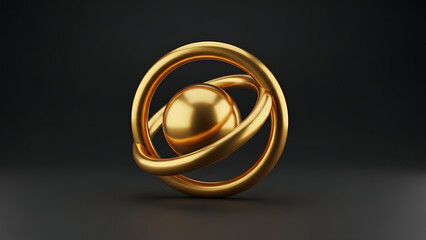 Luxurious 3D render of a golden sphere encapsulated by interlocking rings on a sleek black background.