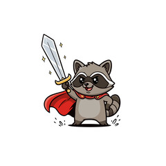 Cartoon Raccoon Superhero with Sword and Cape Illustration