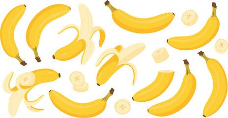 Cartoon Banana Assortment with Whole, Peeled, and Sliced Bananas Colorful Flat Vector Illustration Isolated on White