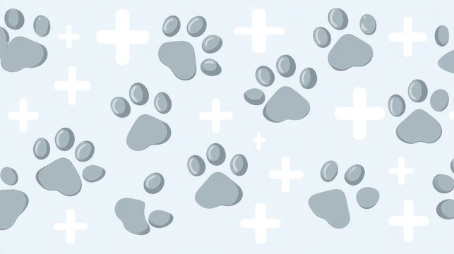 Grey animal footprints and white medical crosses on light blue background. This design represents pet healthcare and veterinary services. Ideal for clinic wallpapers or brochures.