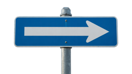 Follow the arrow on the blue one-way street sign, ensuring smooth traffic flow and clear direction of travel for drivers isolated on white background