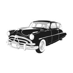 Silhouette of a black and white car. Retro car, logo