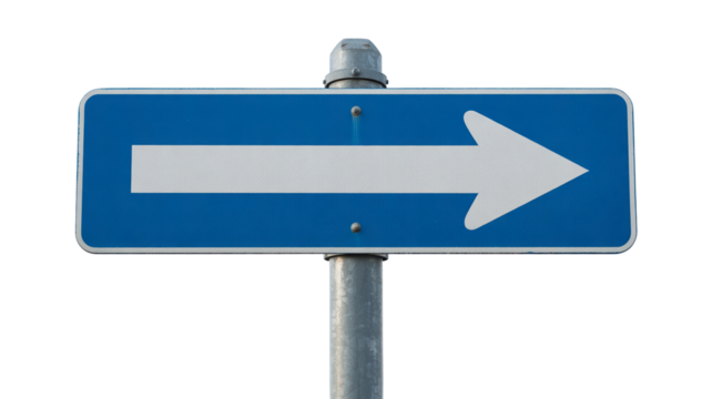 Follow the arrow on the blue one-way street sign, ensuring smooth traffic flow and clear direction of travel for drivers isolated on white background