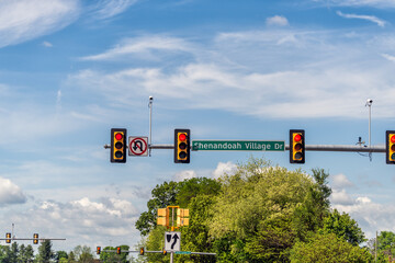 Waynesboro, Virginia small town city street with red traffic light sign for Shenandoah Village...