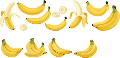 Cartoon Banana Collection with Whole, Peeled, Sliced and Bunch Bananas Colorful Flat Vector Set
