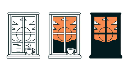 Three window illustrations showing different times of day with a cup on sill