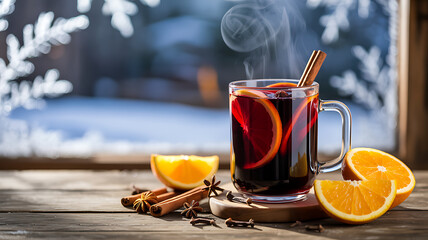 Steaming glass mug of hot herbal tea with orange slices and a cinnamon stick on a rustic wooden windowsill with spices and a snowy winter background