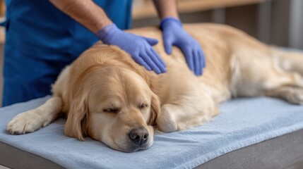 Veterinarian hands checking sleeping golden retriever. Scene shows professional pet healthcare and trust. Perfect for veterinary clinic ads and animal wellness content.