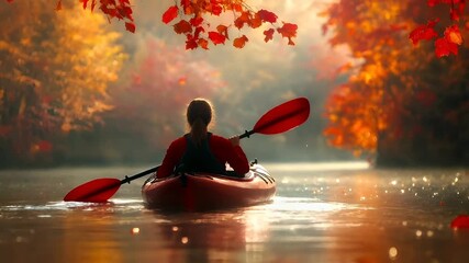A woman paddles a red kayak on a calm river during autumn. The scene is bathed in a warm, golden light, highlighting the vibrant reds and oranges of the leaves.