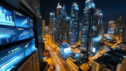 Digital Metropolis: A striking view of a modern cityscape illuminated at night, displaying a complex system, where monitors exhibit live data - Powered by Adobe