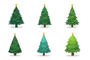 Obraz premium Drawn green Christmas trees set isolated on white background. Colorful Garland winter trees collection for holiday xmas and new year.