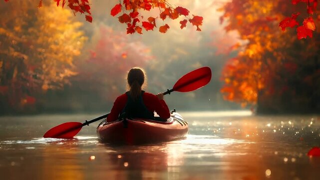 A woman paddles a red kayak on a calm river during autumn. The scene is bathed in a warm, golden light, highlighting the vibrant reds and oranges of the leaves.