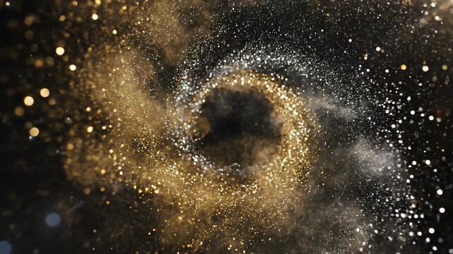 Extremely slow motion of luminous gold and silver dust particles floating and swirling gently in a dark, atmospheric void dreamy, wedding, clean