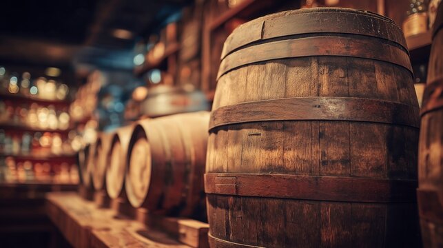 Row of Oak Barrels in Rustic Cellar - Powered by Adobe
