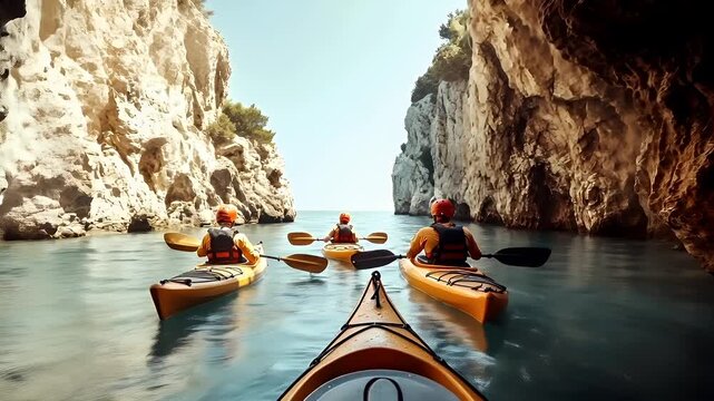 Aerial view of a kayak navigating through a serene body of water, with rocky cliffs in the background. The kayak is a bright orange color, and the water is a clear turquoise.