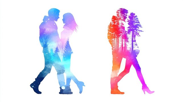 Colorful couple silhouettes with forest landscapes inside. Artistic double exposure showing winter and summer seasons symbolizing eternal love. Ideal for romantic cards. - Powered by Adobe