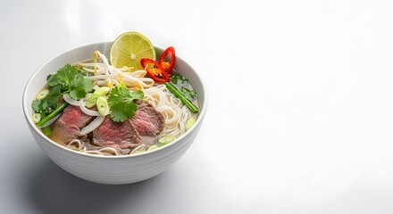Delicious Vietnamese Pho Bo Beef Noodle Soup with Fresh Ingredients and Copy Space