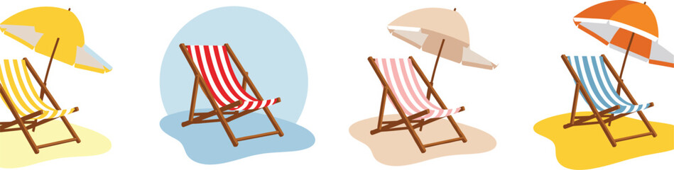 Cartoon Beach Deck Chairs with Umbrellas Summer Vacation Relaxation Set Colorful Flat Vector Illustration Isolated White Background