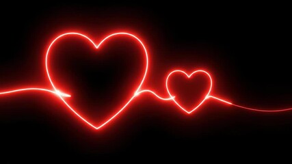 Neon red line art of two connected hearts glowing brightly against a solid black background, symbolizing love and connection - Powered by Adobe
