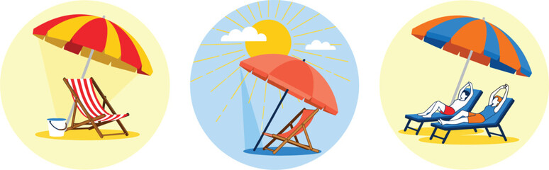 Cartoon Beach Umbrella and Lounge Chair Scenes with Sun Summer Vacation Holiday Flat Vector Illustration Set