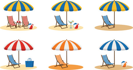 Cartoon Beach Umbrellas and Deck Chairs Collection with Summer Vacation Accessories Colorful Flat Vector Illustration Set