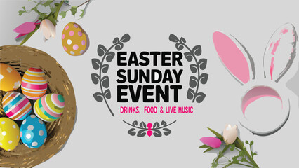 Celebrate easter sunday with a special event featuring delicious food refreshing drinks and lively music all set against a festive backdrop with decorated eggs and bunny ears