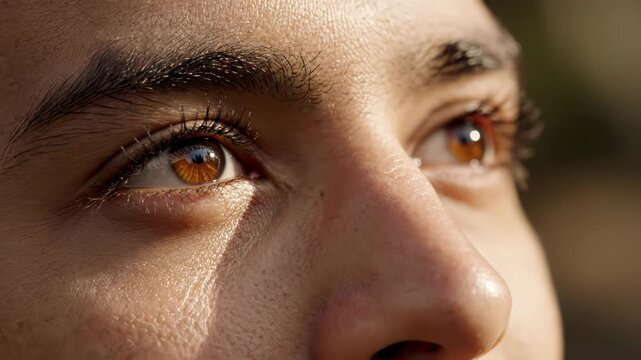 Close up of a persons brown eye looking up with sunlight highlighting the skin texture and iris detail