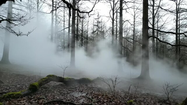 Extremely thick white atmospheric fog drifting slowly through a desolate, quiet woodland environment creating a mysterious haze blank weather, transition, dollyshot