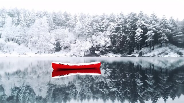 A solitary red canoe rests on a calm, reflective surface of a serene, snowcovered lake. The scene is devoid of any human presence, emphasizing the untouched beauty of nature. The canoe.