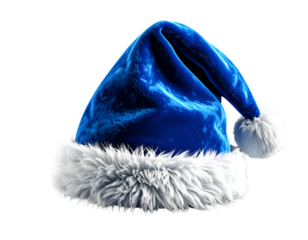 A realistic blue Christmas Santa hat with soft velvet texture and white fluffy 
