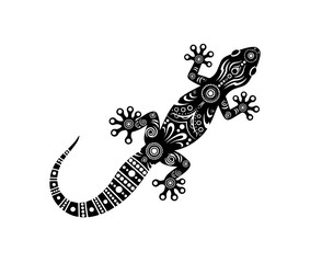 Adorned with hypnotic white swirls and dotted geometric patterns, a stylized black lizard climbs upward in this striking tribal artwork, featuring splayed toes and a long, elegantly curved tail