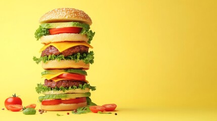 Stacked gourmet burger with layers of fresh lettuce, tomato, cheese, and patties, presented against a vibrant yellow background, showcasing delicious fast food artistry and culinary appeal